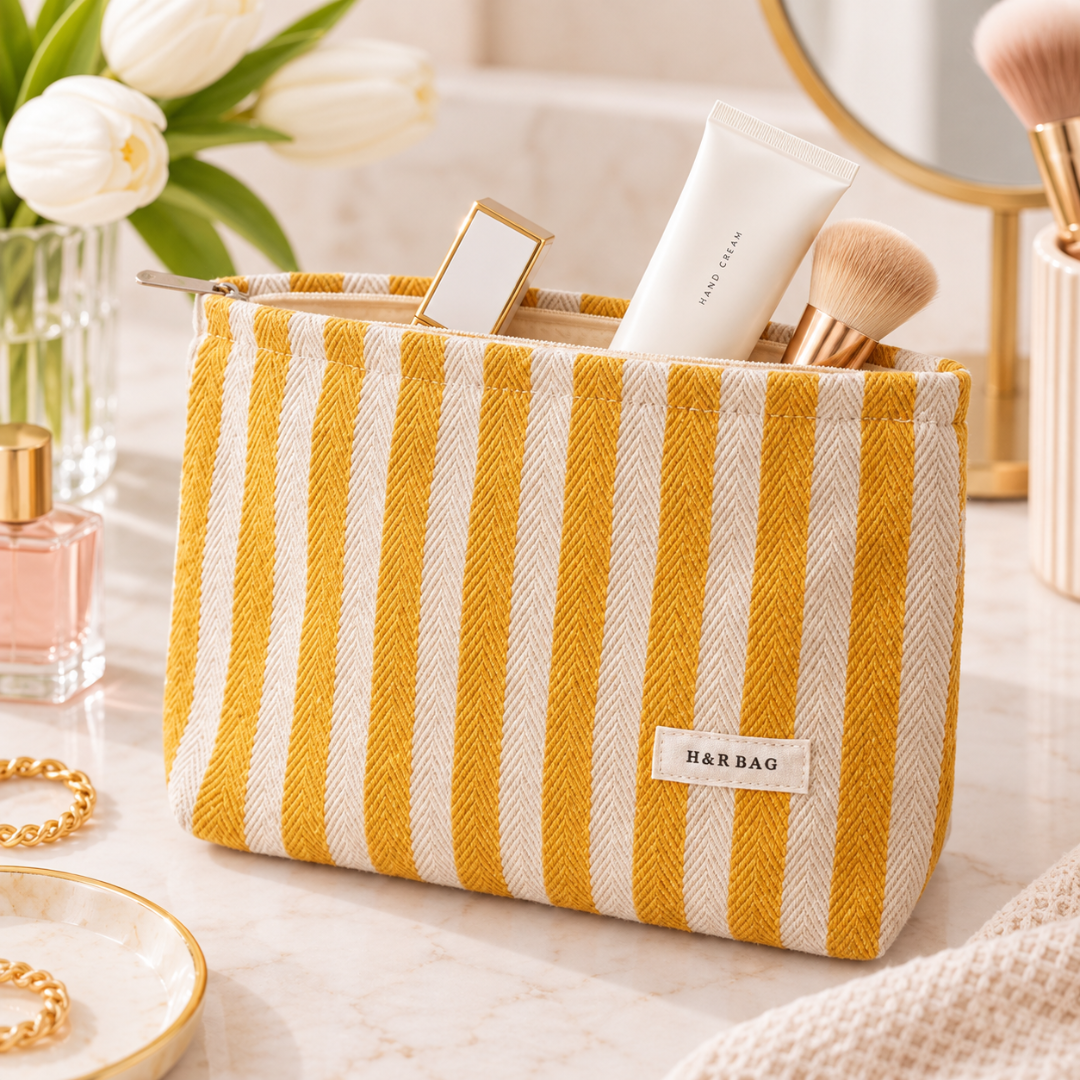 Yellow striped make up bag