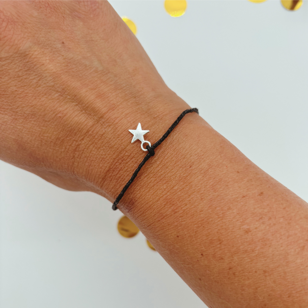 Good Luck Wish Bracelet – Silver Star Charm on Black Cord