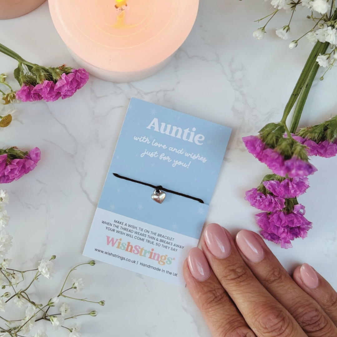 Auntie Wish Bracelet – Silver Heart Charm on Black Cord