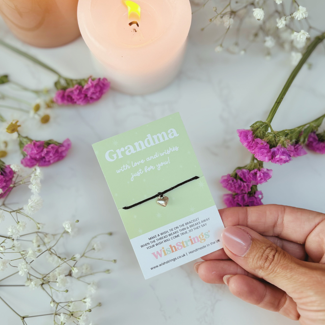 Grandma Wish Bracelet – Silver Heart Charm on Black Cord