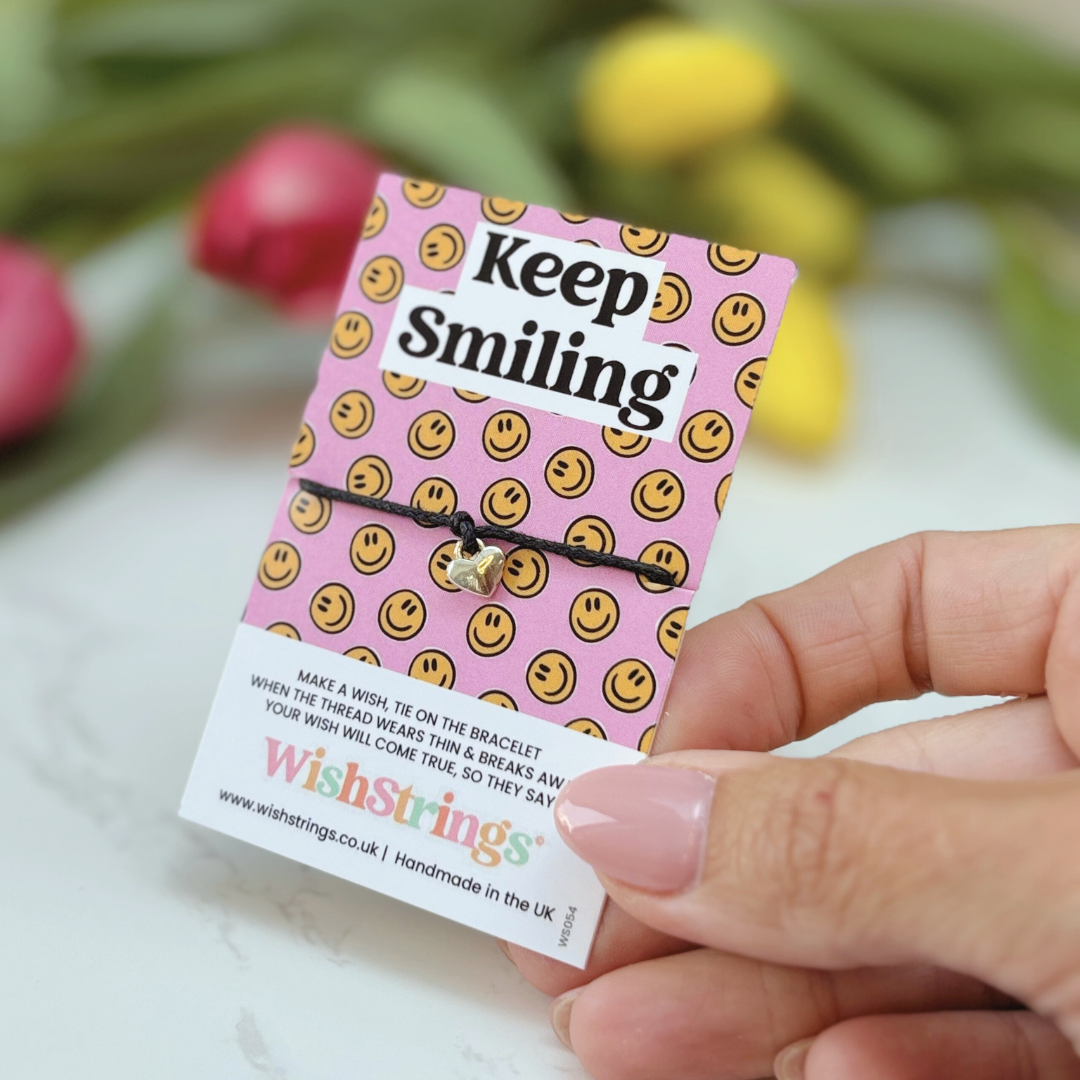 Keep Smiling Wish Bracelet – Silver Heart Charm on Black Cord
