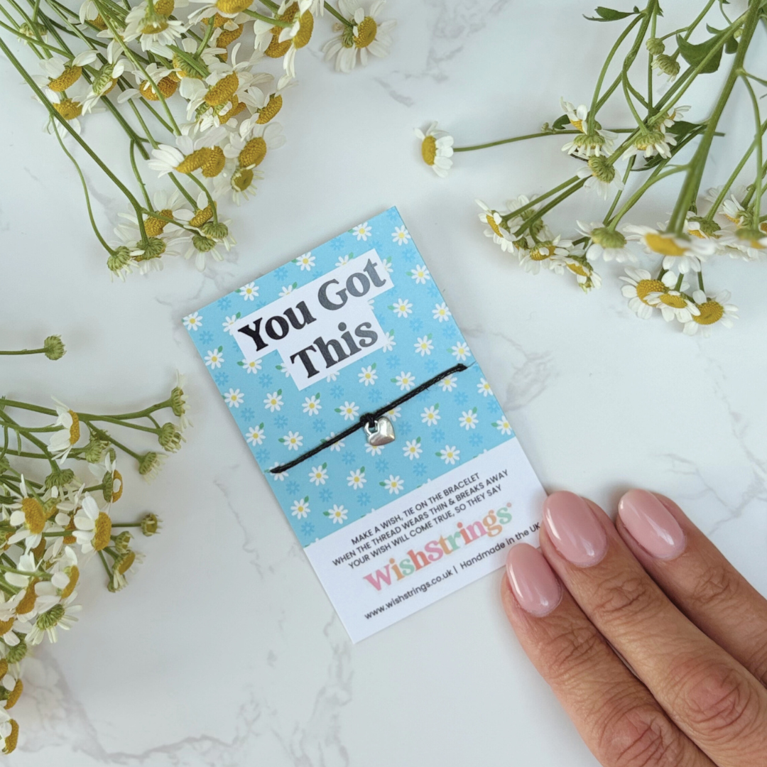 You Got This Wish Bracelet – Silver Heart Charm on Black Cord