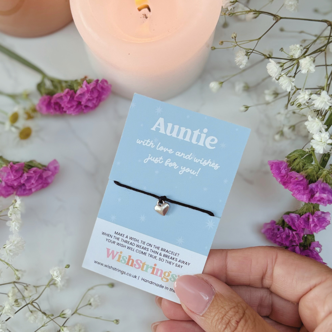 Auntie Wish Bracelet – Silver Heart Charm on Black Cord