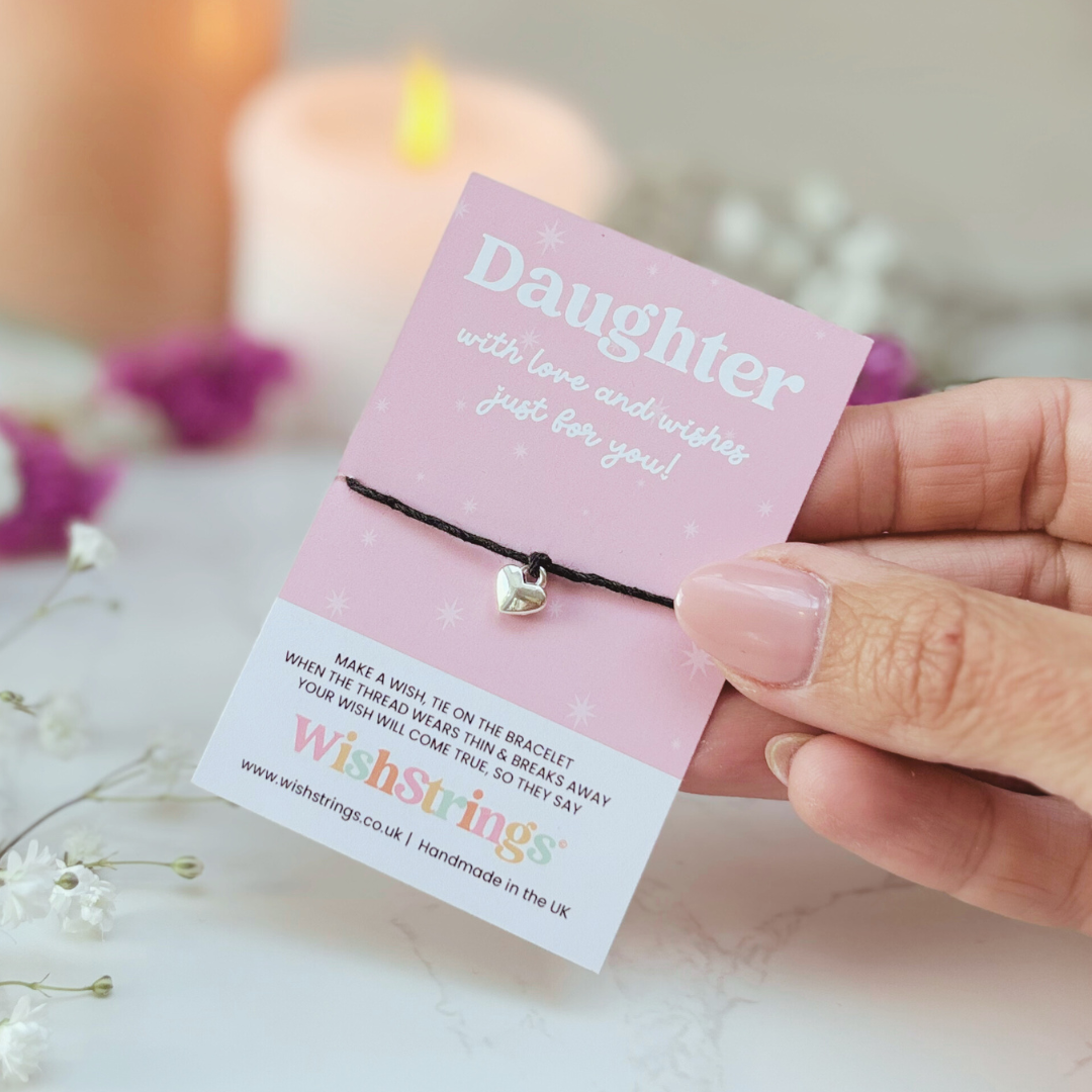 Daughter Wish Bracelet – Silver Heart Charm on Black Cord