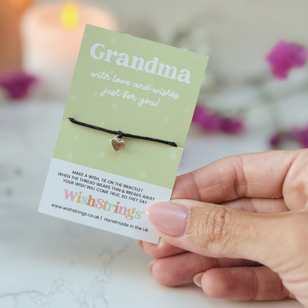 Grandma Wish Bracelet – Silver Heart Charm on Black Cord