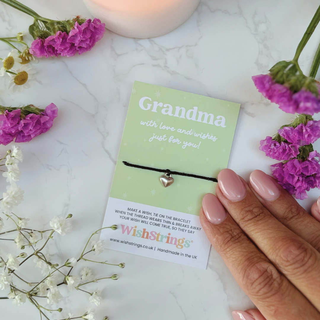Grandma Wish Bracelet – Silver Heart Charm on Black Cord