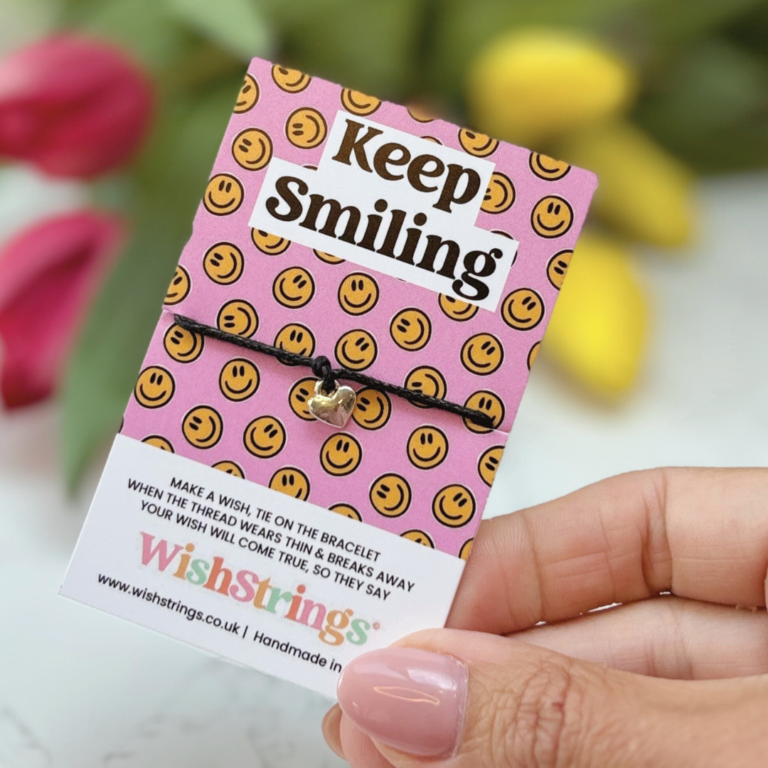 Keep Smiling Wish Bracelet – Silver Heart Charm on Black Cord