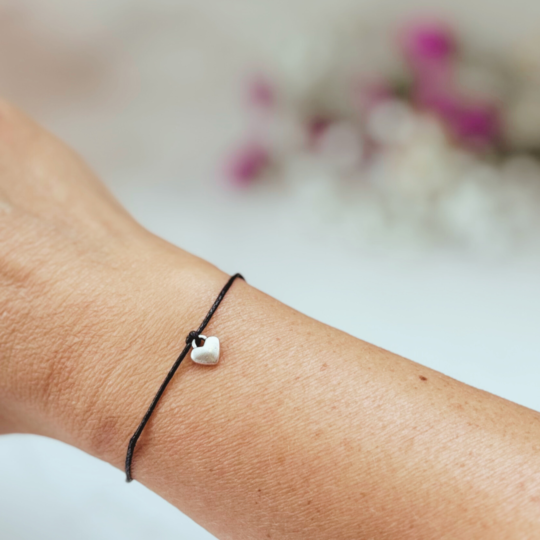 Sister Wish Bracelet – Silver Heart Charm on Black Cord