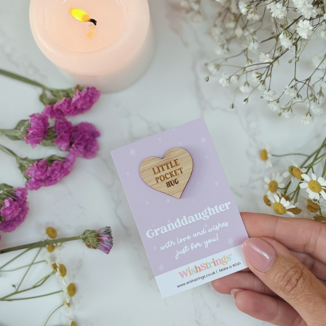 Granddaughter Little Pocket Hug – Sustainable Bamboo Heart Token on Card