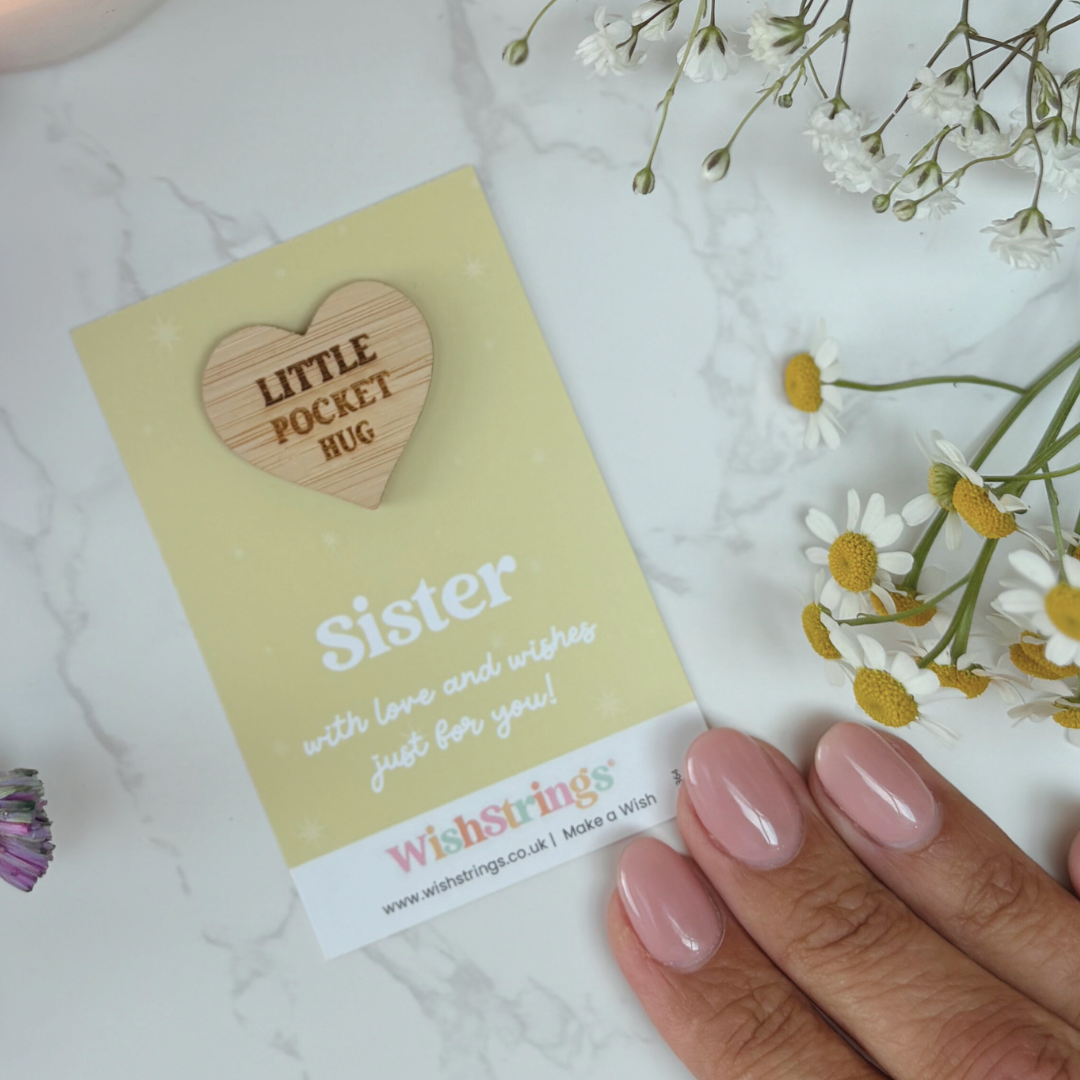 Sister Little Pocket Hug β Sustainable Bamboo Heart Token on Card