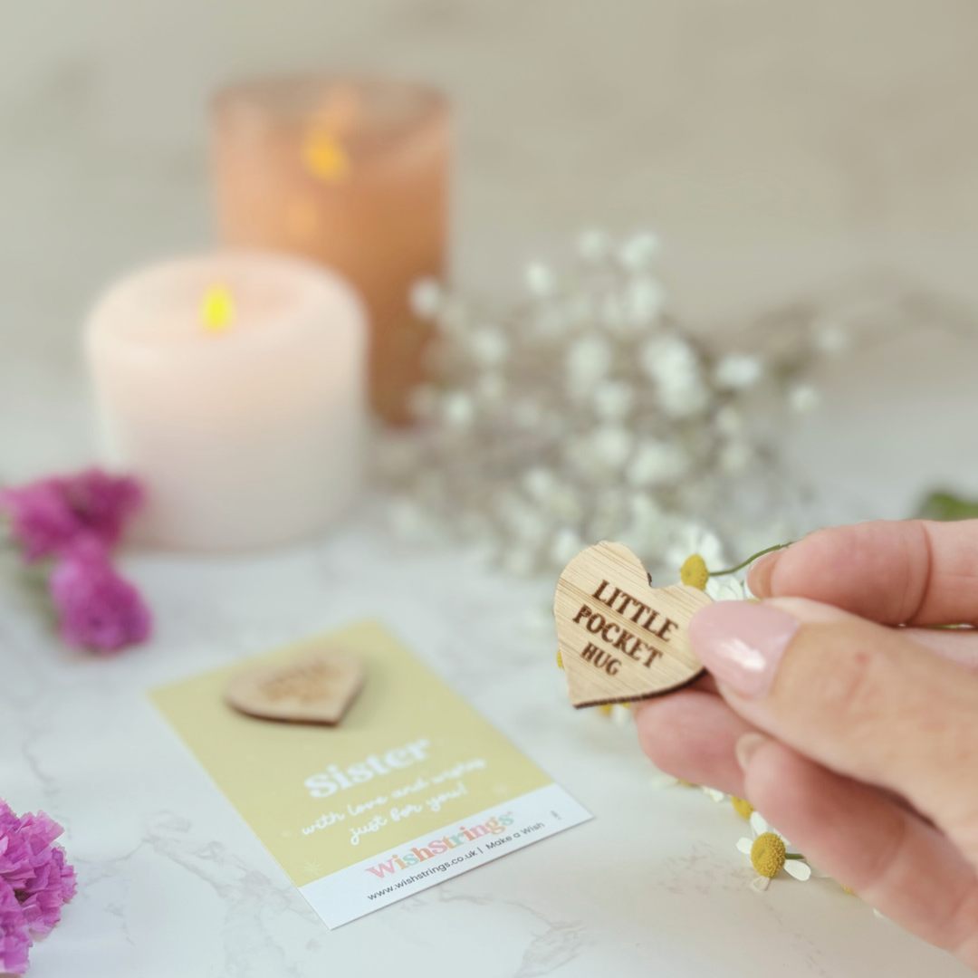 Sister Little Pocket Hug β Sustainable Bamboo Heart Token on Card