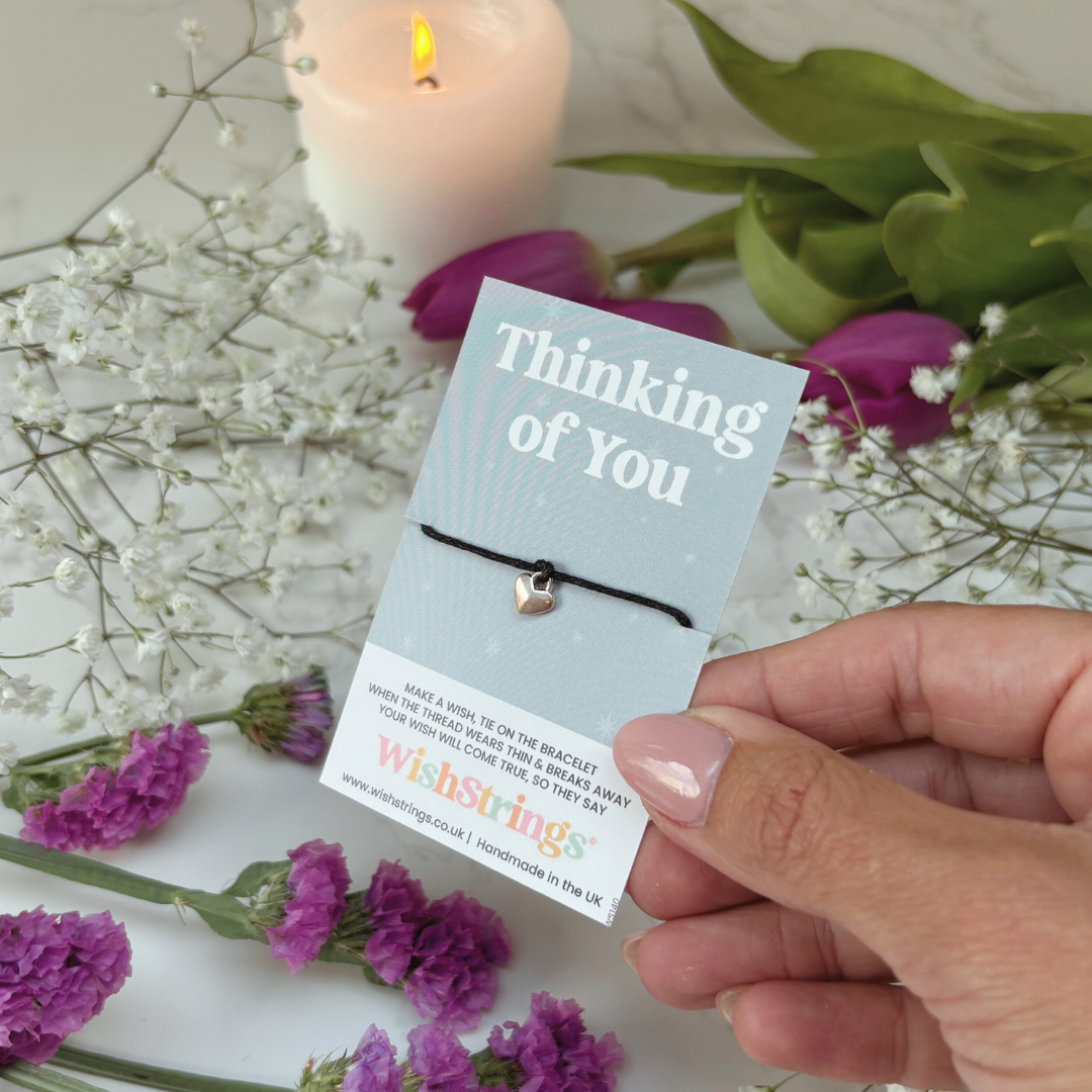 Thinking of You Wish Bracelet – Silver Heart Charm on Black Cord