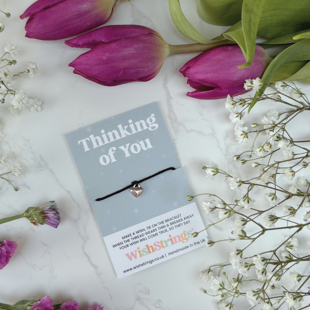 Thinking of You Wish Bracelet – Silver Heart Charm on Black Cord