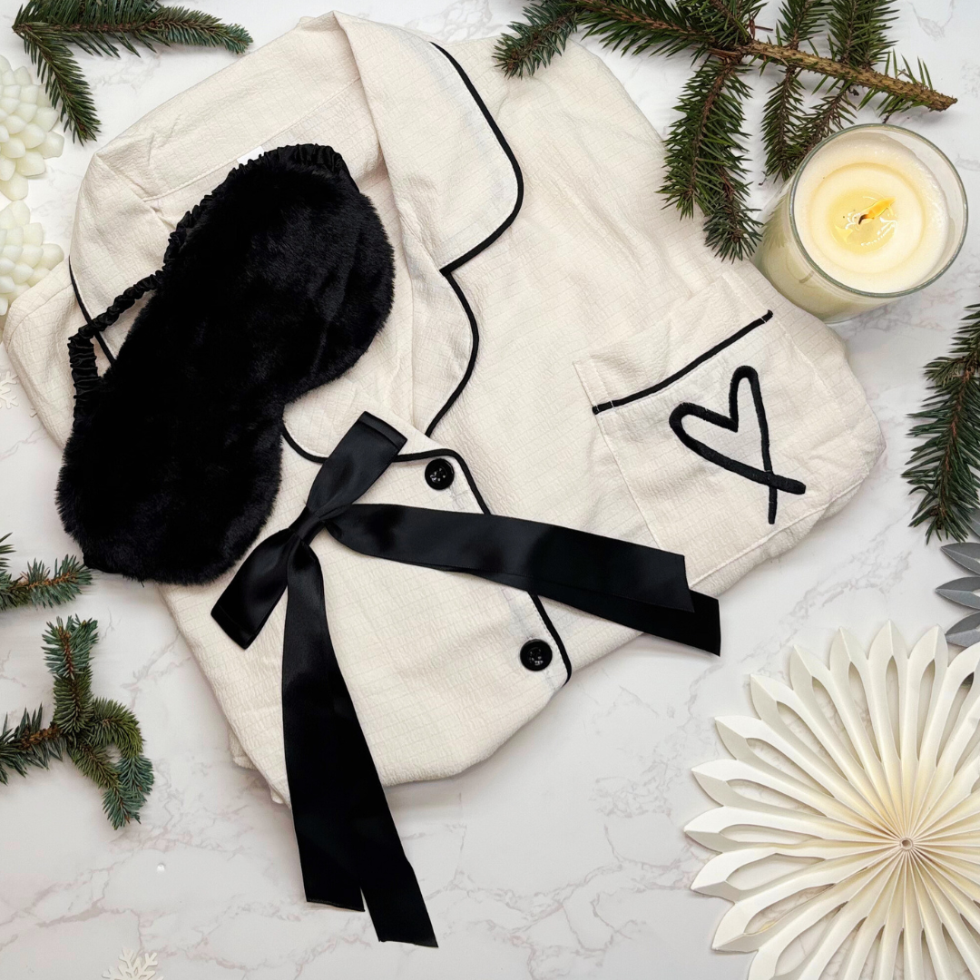 Luxury Monochrome Pyjamas Gift Box – Chic Cream Christmas PJ Set with Eye Mask & Satin Bow