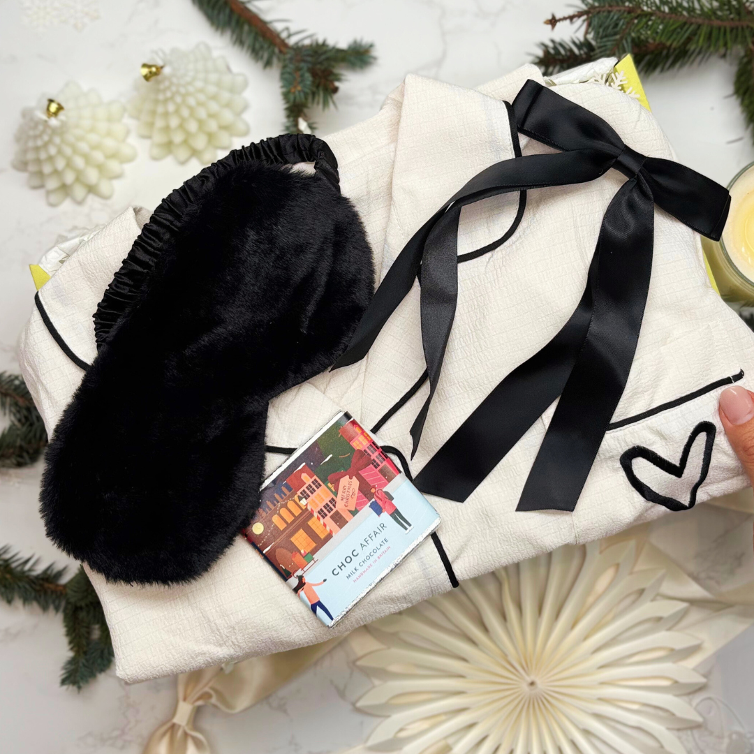 Luxury Monochrome Pyjamas Gift Box – Chic Cream Christmas PJ Set with Eye Mask & Satin Bow