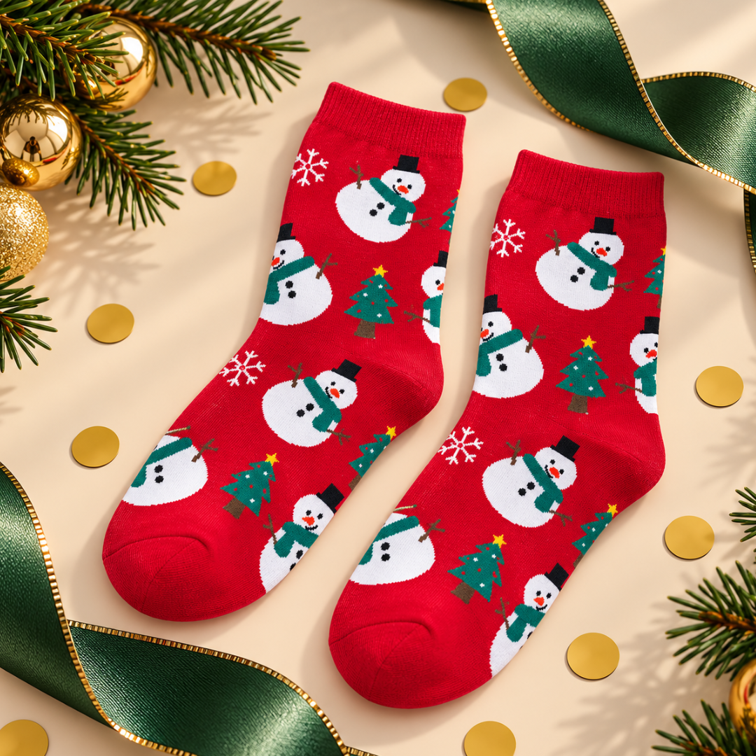 A pair of red crew socks with a festive snowman and Christmas tree pattern, styled in a flat-lay with green ribbons, pine branches, gold ornaments, and gold confetti on a light beige background.