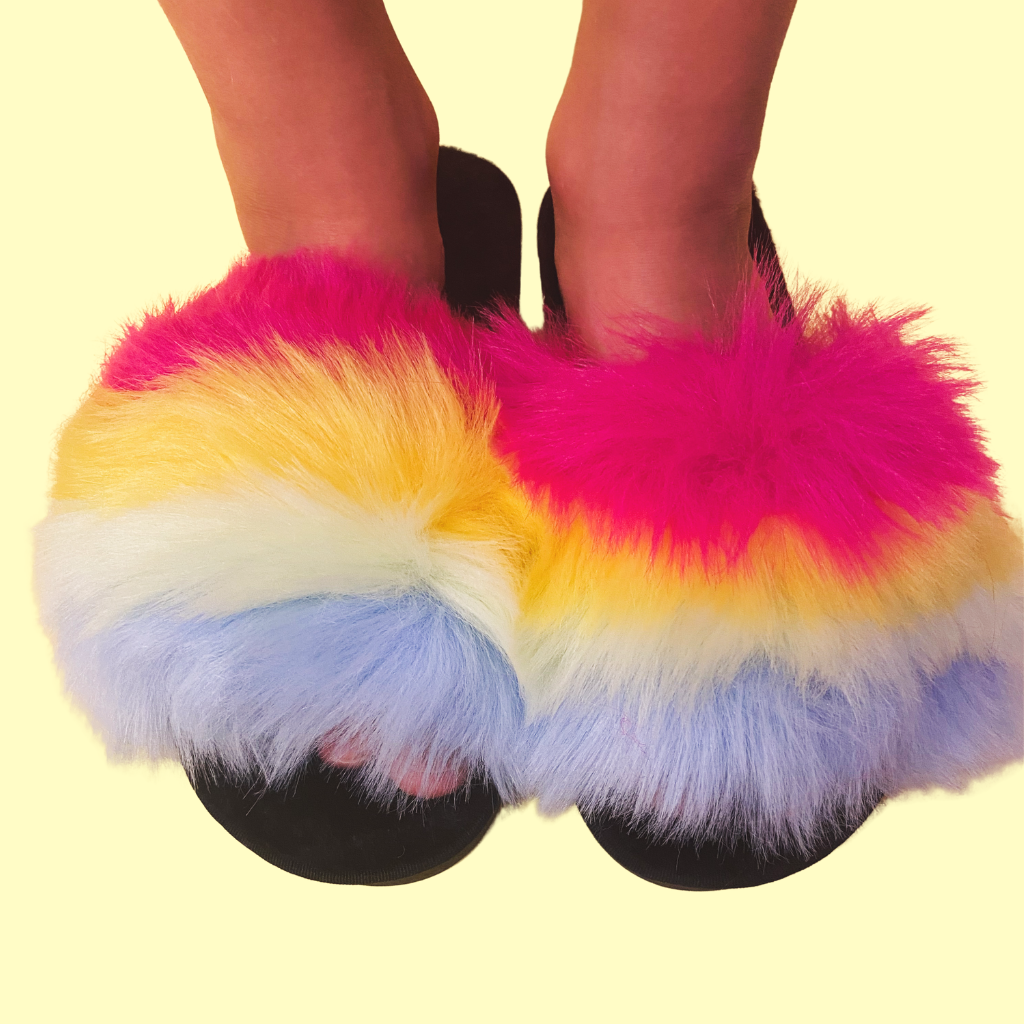 Rainbow hot sale fluffy slippers