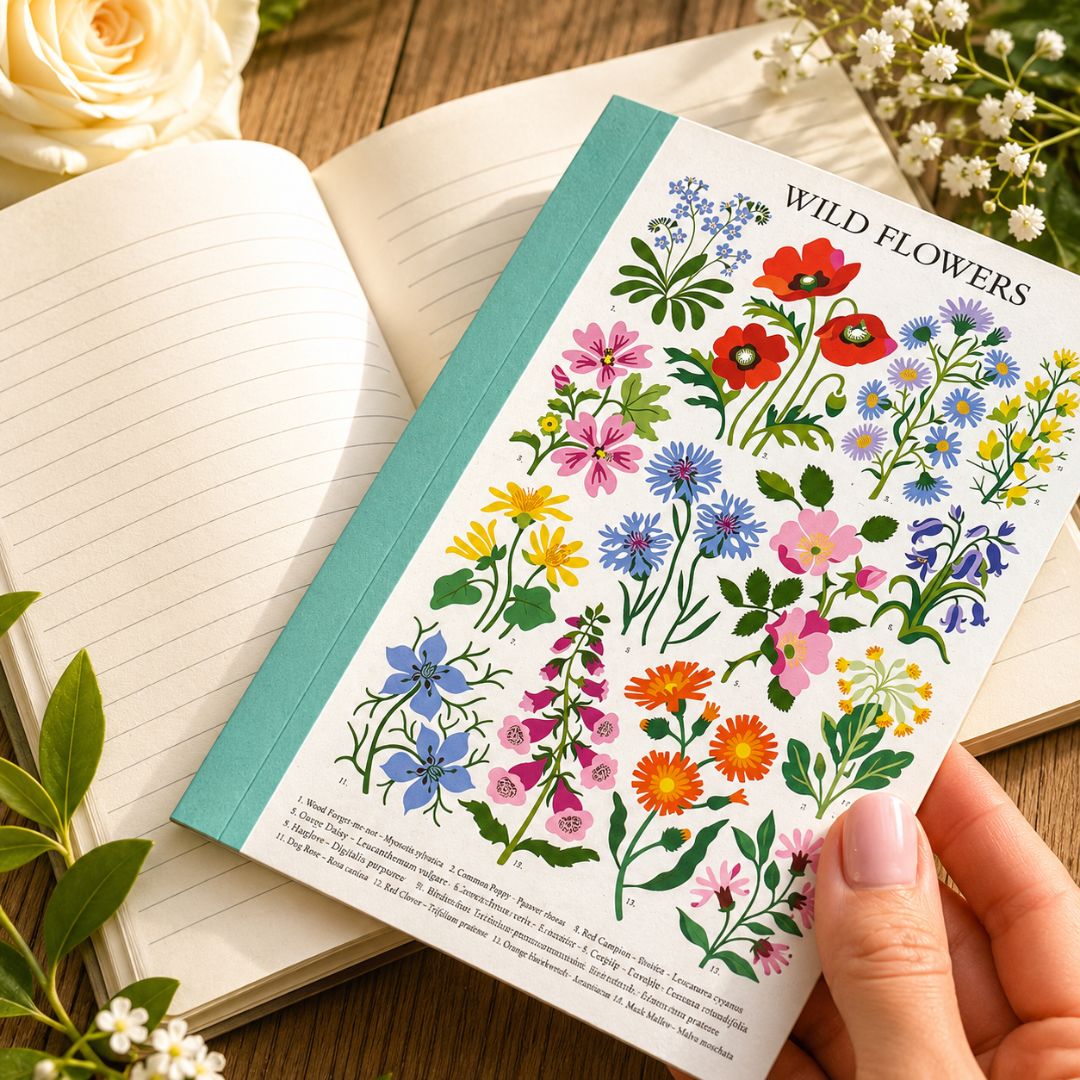 A hand holds a small notebook or journal titled “WILD FLLOWERS,” showing a colorful floral illustration on the cover. The notebook has a mint green spine and blank lined pages are spread open behind it on a wooden surface, with flowers and greenery around it.