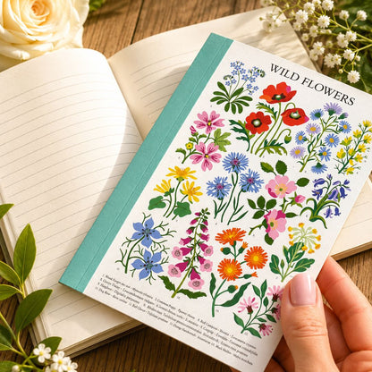 A hand holds a small notebook or journal titled “WILD FLLOWERS,” showing a colorful floral illustration on the cover. The notebook has a mint green spine and blank lined pages are spread open behind it on a wooden surface, with flowers and greenery around it.