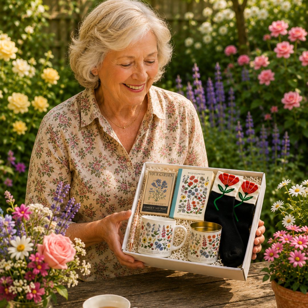 An elderly woman with short gray hair smiles while holding a gift box containing a floral ceramic mug, a small floral tin, a floral card, and a black pouch with a red tulip design, set against a lush garden background with flowers.