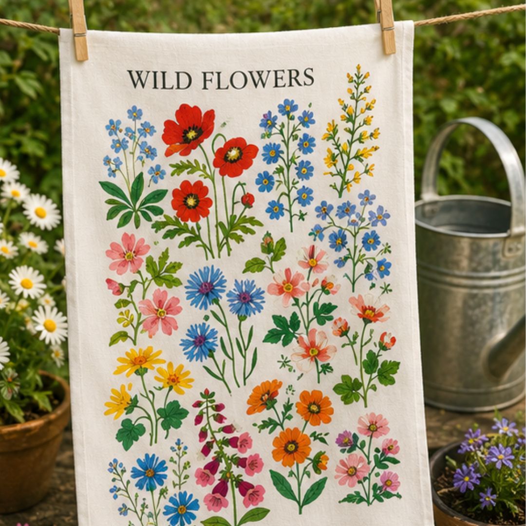 A white kitchen tea towel with a colorful &