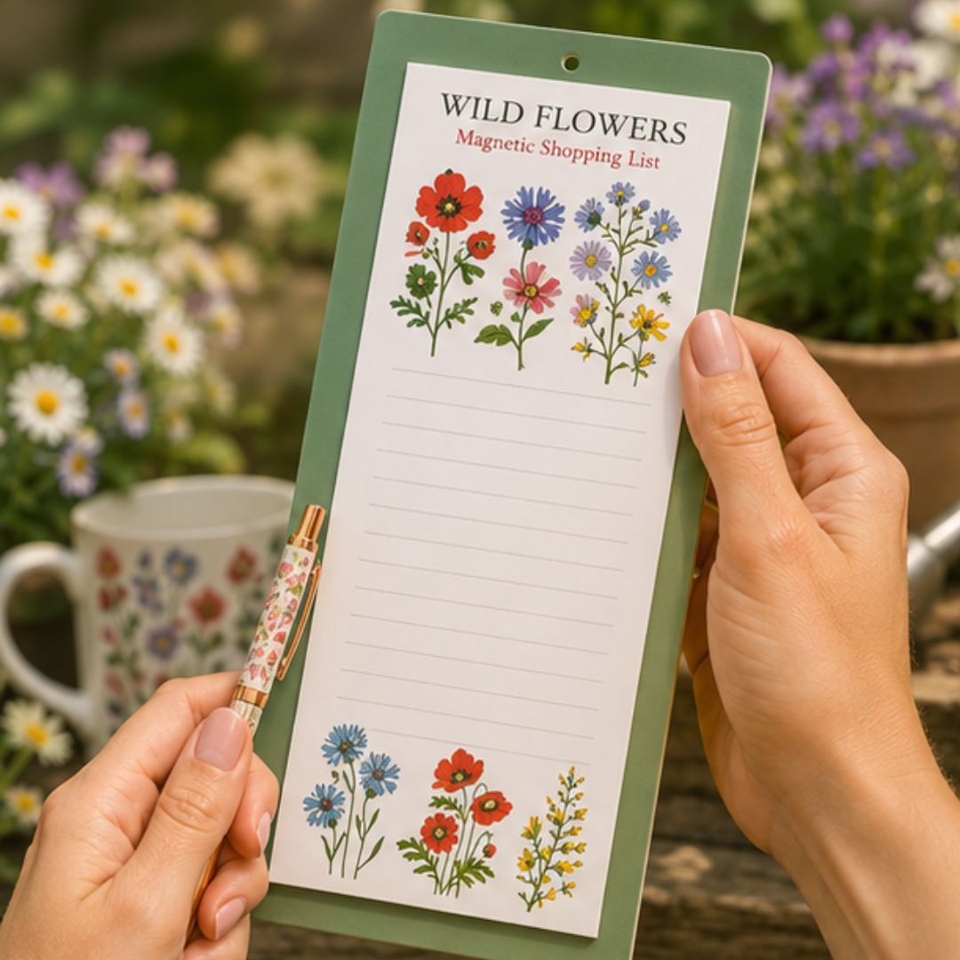 A person holds a green magnetic shopping list notepad printed with wild flower illustrations. The notepad reads &