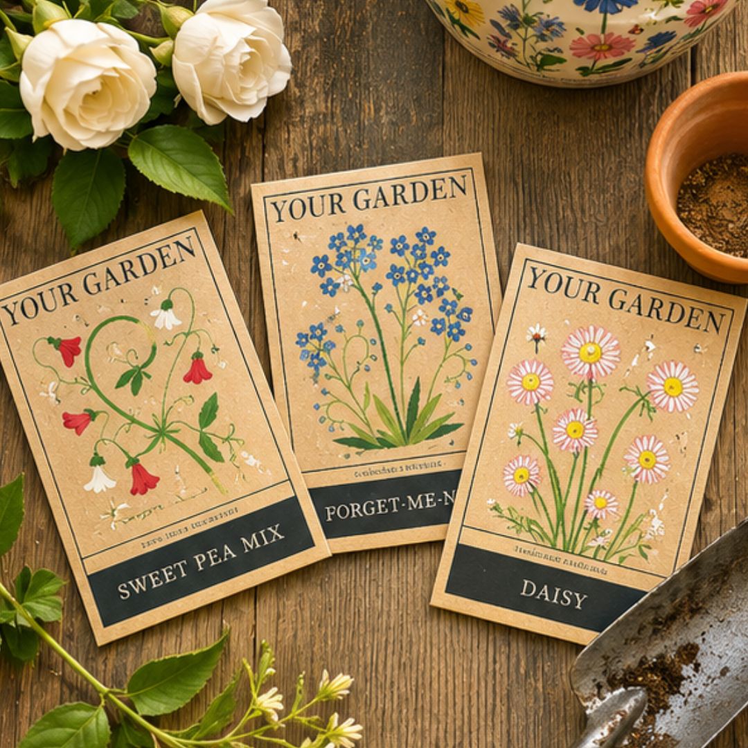 Three illustrated seed mix packets labeled &
