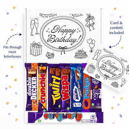 Assorted chocolate bars in a packaging with birthday-themed illustrations and text.