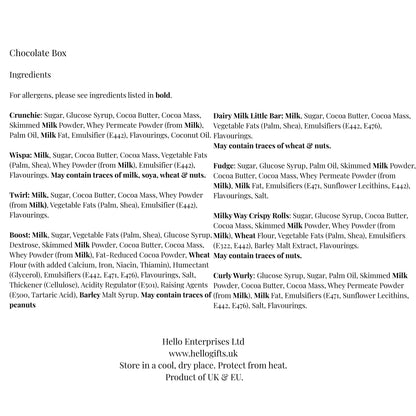 List of ingredients for a chocolate box on a white background