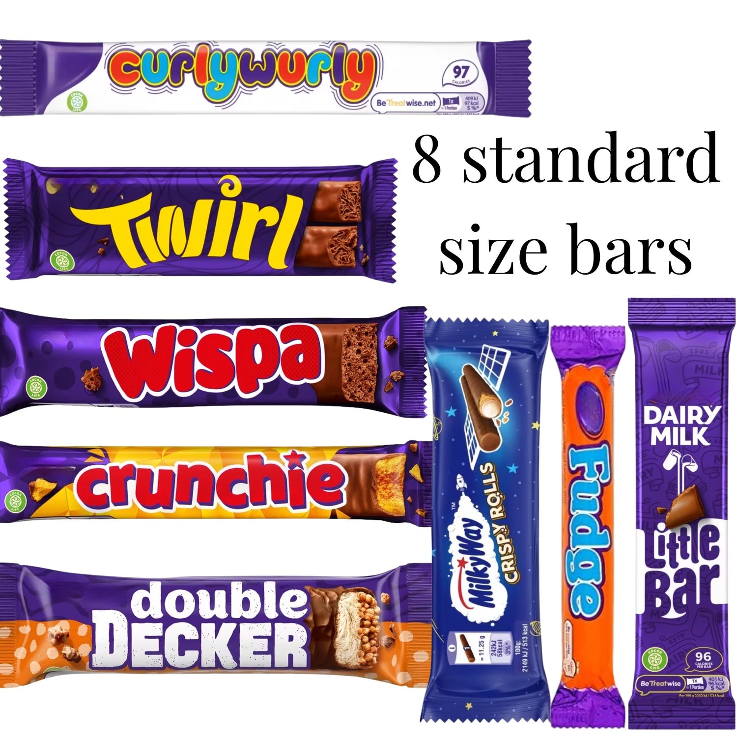 Collection of chocolate bars including Curly Wurly, Twirl, Wispa, Crunchie, Milky Way, Fudge, and Dairy Milk on a white background.