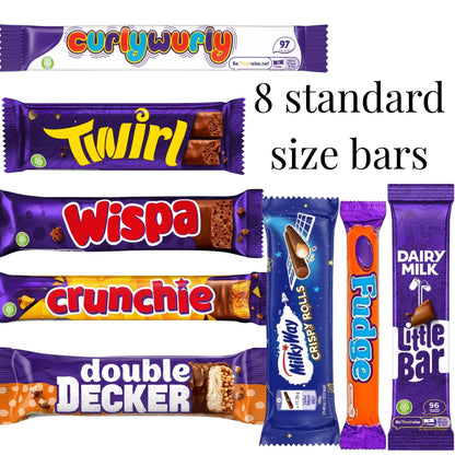 Collection of chocolate bars including Curly Wurly, Twirl, Wispa, Crunchie, Milky Way, Fudge, and Dairy Milk on a white background.