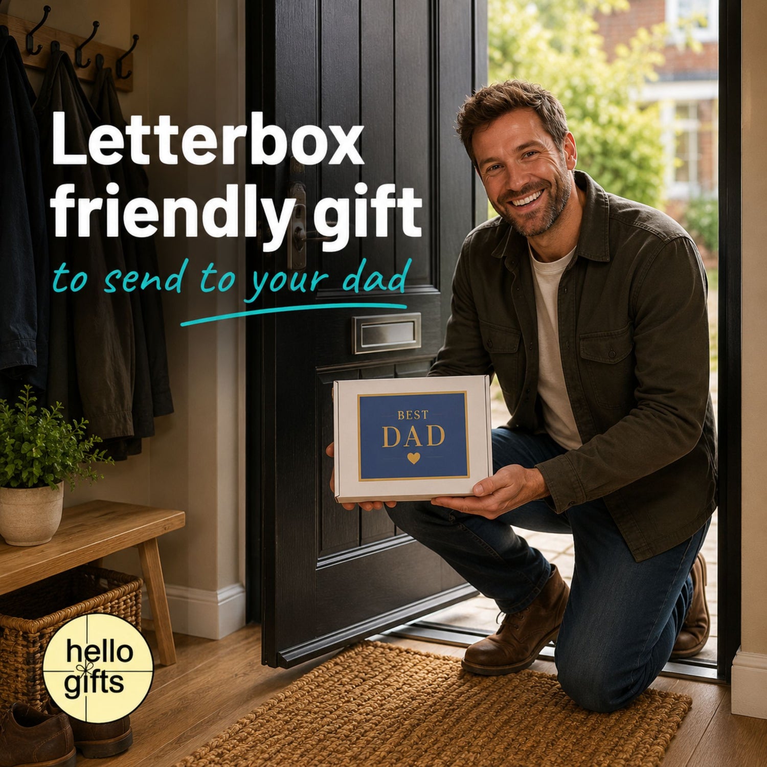 Man holding a framed gift in front of a letterbox with text about sending a gift to your dad.