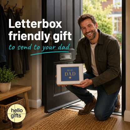 Man holding a framed gift in front of a letterbox with text about sending a gift to your dad.