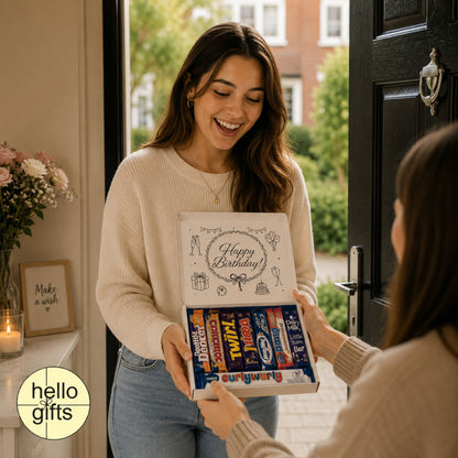 Woman receiving a birthday gift box with chocolate bars from another person at a doorstep.