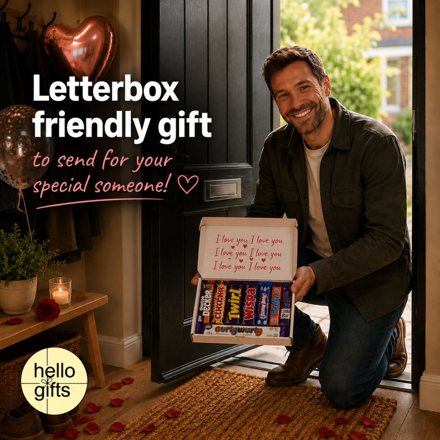 Man holding a box of chocolate with a heart message in front of a letterbox, promoting a &