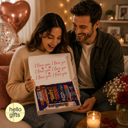 Couple holding a box of chocolate with &