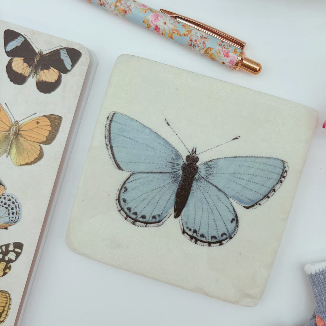 Blue Butterfly Print Ceramic Coaster 