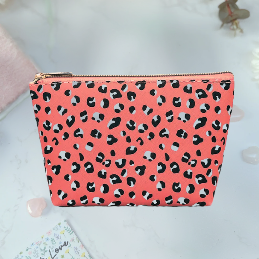 Coral Leopard Print Makeup Bag