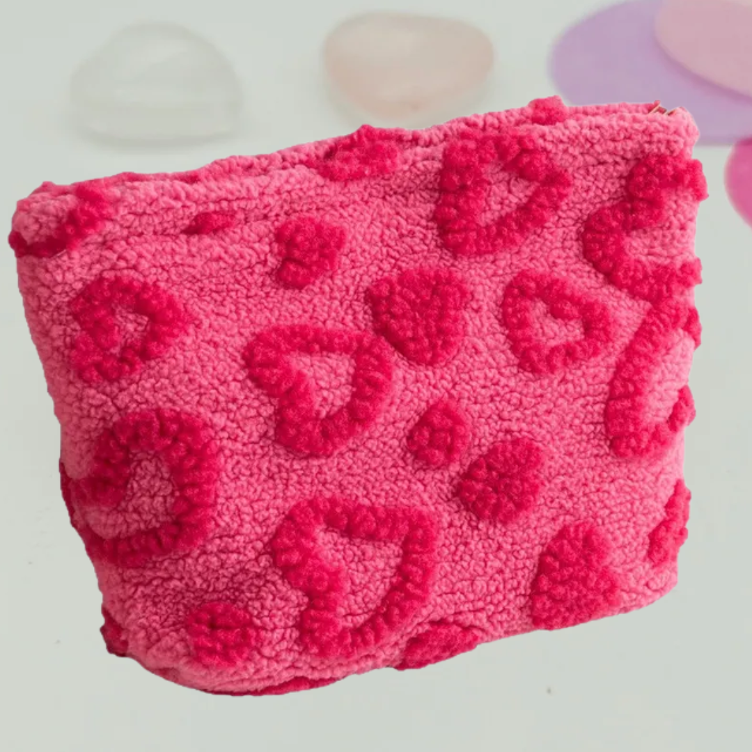 Pink Plush Heart Makeup Bag