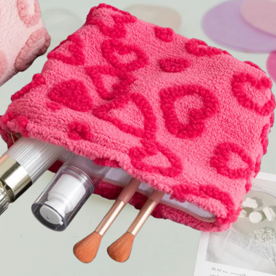 Pink Plush Heart Makeup Bag