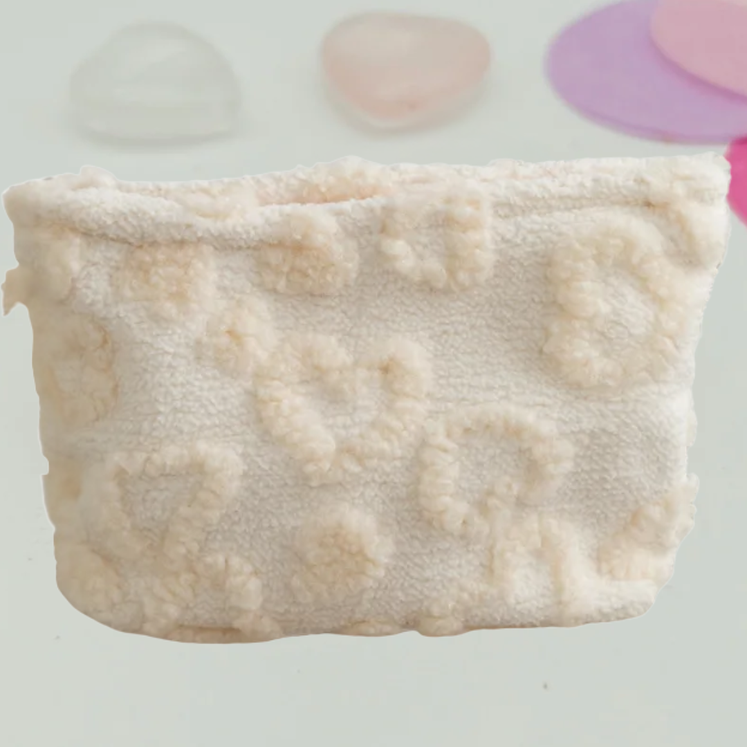 Cream Plush Heart Makeup Bag