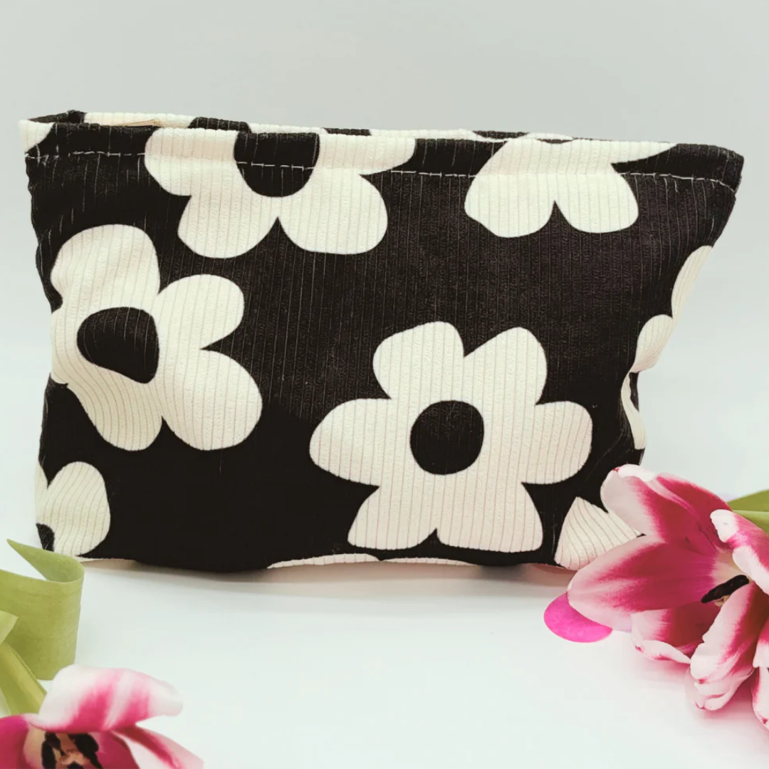 Black &amp; White Floral Corduroy Makeup Bag