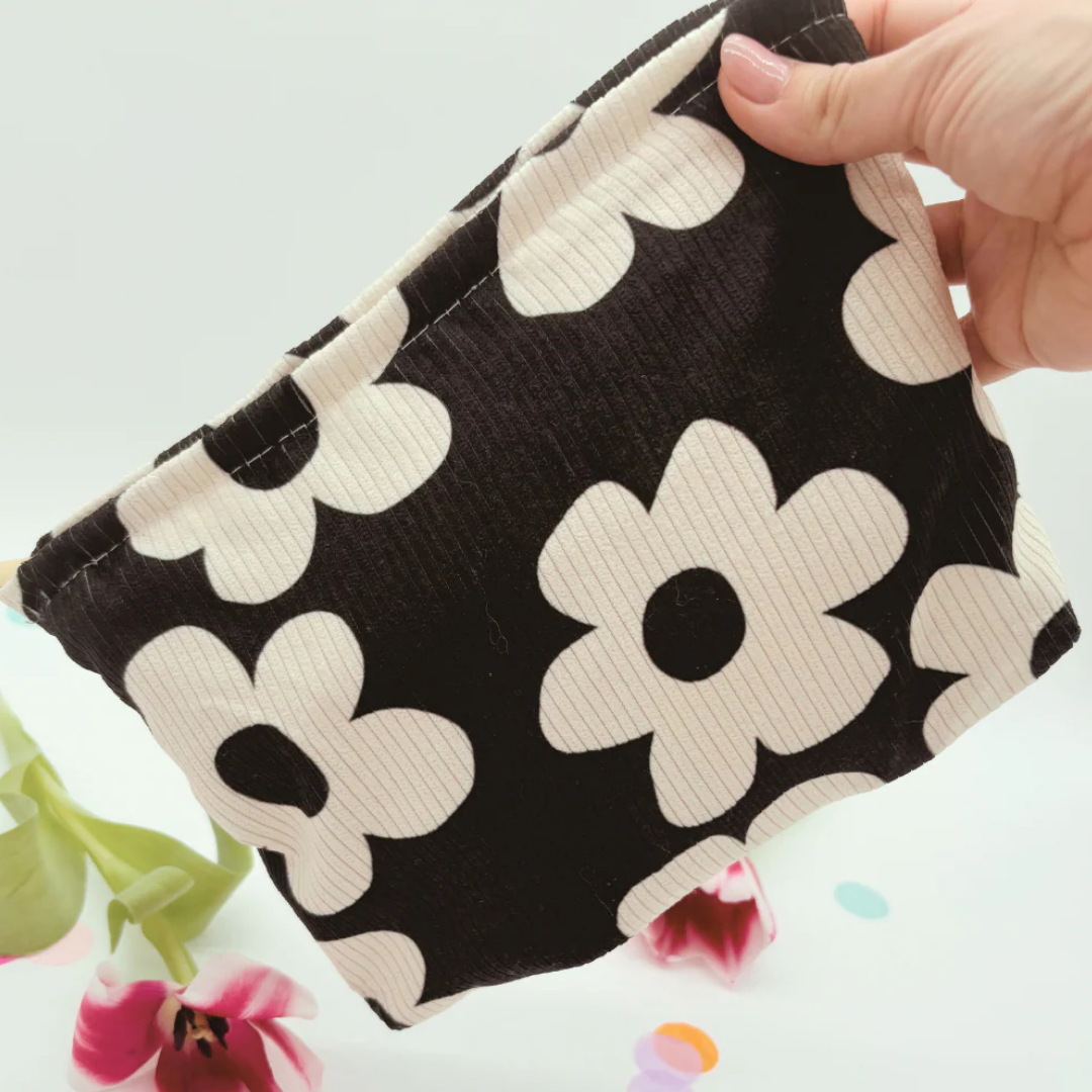 Black &amp; White Floral Corduroy Makeup Bag