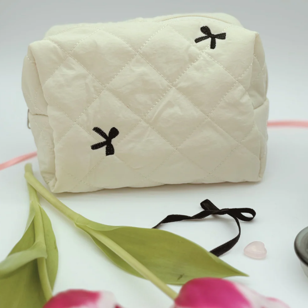 Cream Quilted Bow Cosmetics Bag