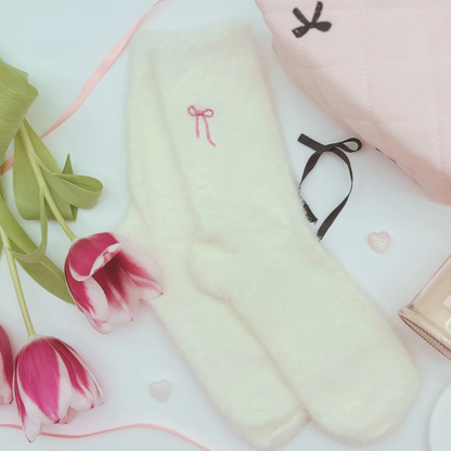 Cream Fluffy Socks with Pink Bow Detail