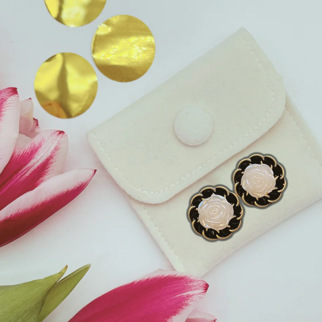 Black &amp; Gold  - White Rose Stud Earrings