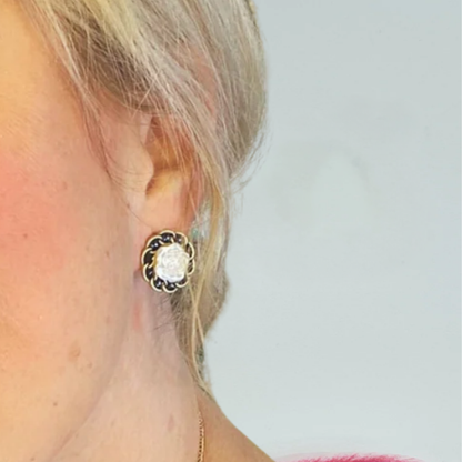 Black &amp; Gold  - White Rose Stud Earrings