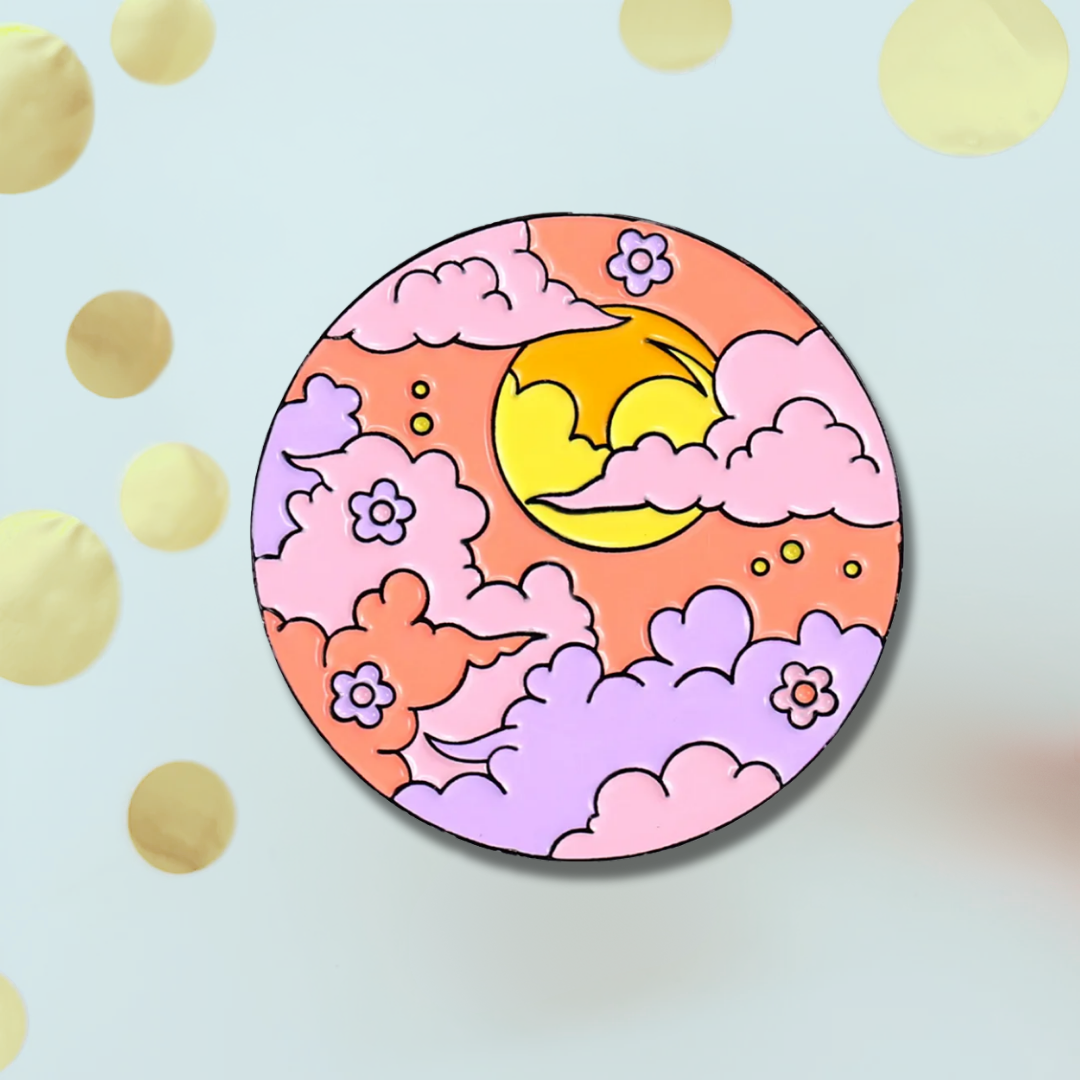 Colourful retro sun and moon pin badge