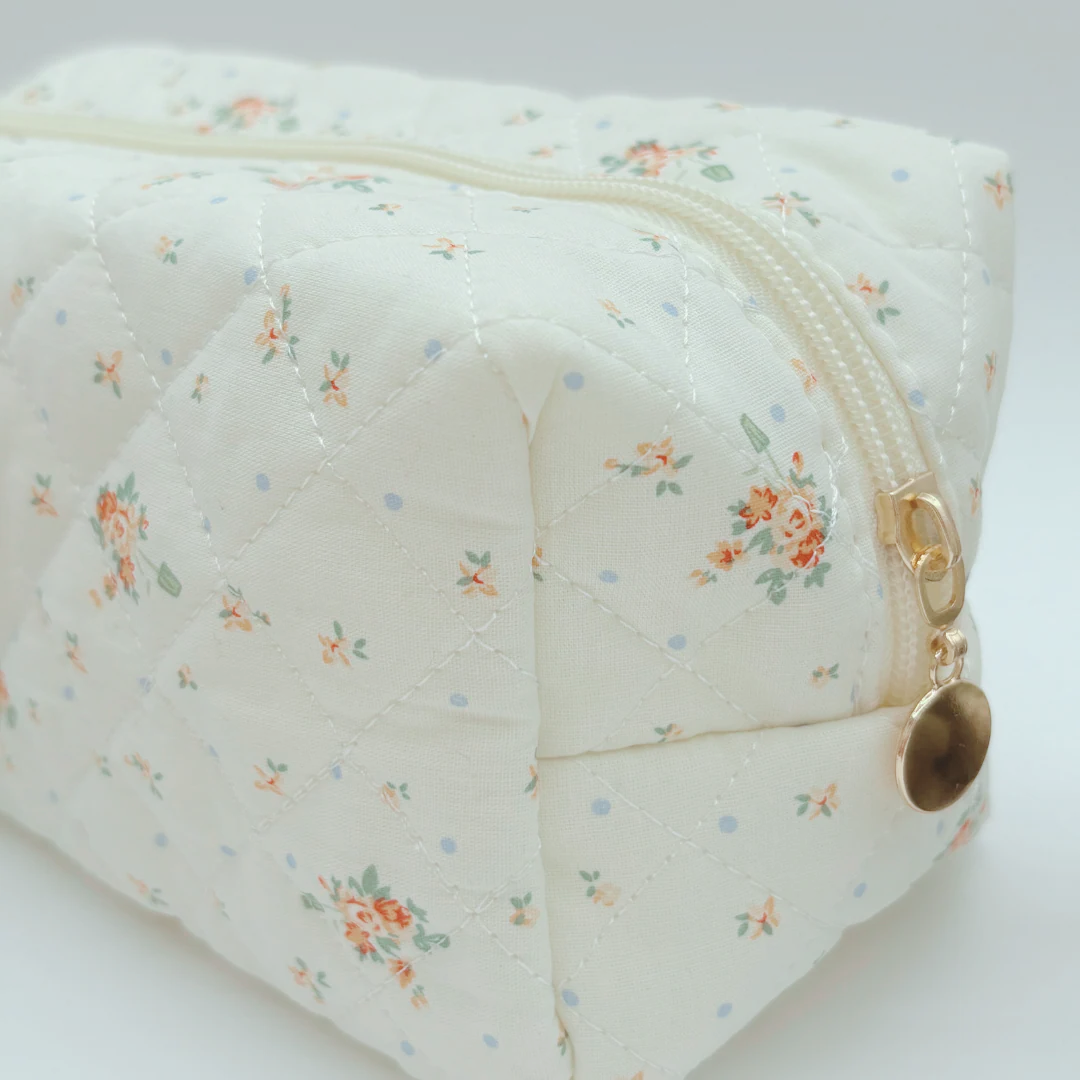 Cream Floral Quilted Cosmetics Bag