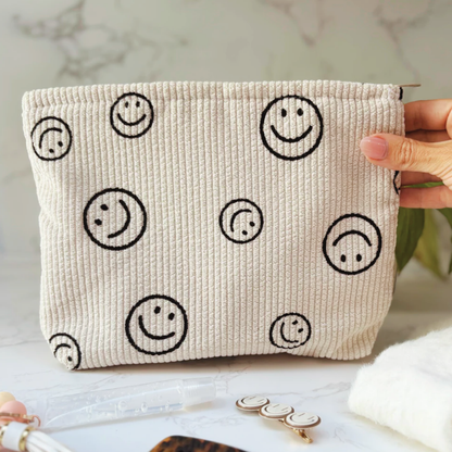 Cream Smiley Face Corduroy Cosmetics Bag